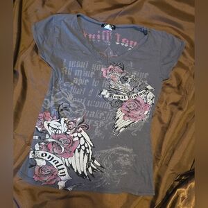 Y2K Cotty On Gothic Crown Wing Baby Tee Pink Black Ed Hardy Affliction Style